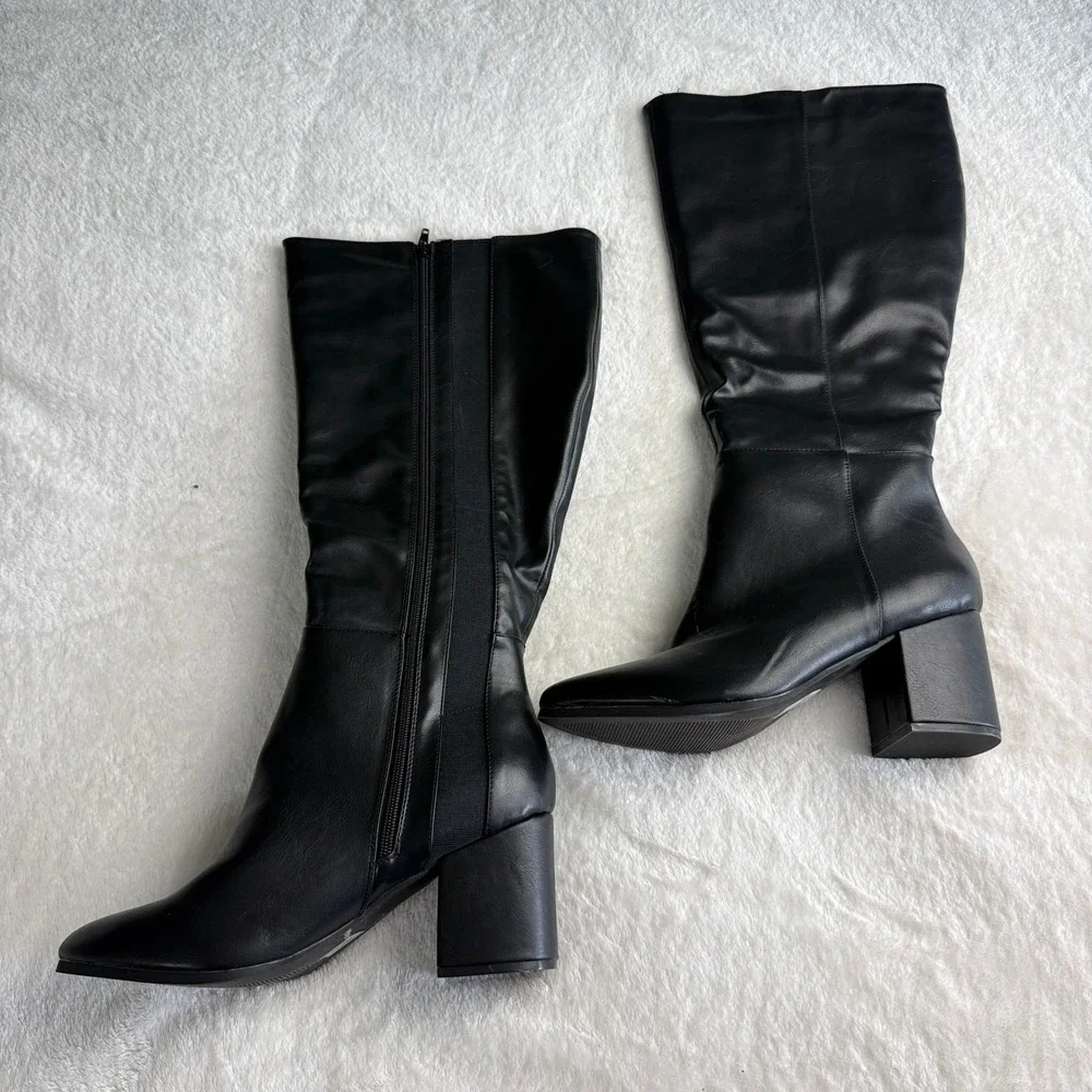 Lane Bryant Womens 9W Black Knee High Block Heel Boots Stretch Zip Wide Width